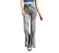 Generisch Pantalon pour femme - Pour l'hiver - Pour adolescentes et filles - En denim - Extensible - Déchiré - Décontracté - Stretch - Imprimé tournesol - Pantalon extensible