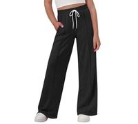 Generisch Pantalon pour fille avec jambes larges et taille élastique, jambe droite, pantalon décontracté pour enfants et adolescents, mode d'été, couleur pure, bas long, Noir , 5-6 ans