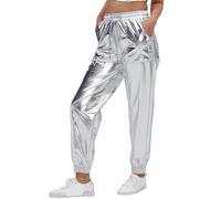 Generisch Pantalon uni grande taille pour femme tendance urbain avec gaufrage doré de style sportif, legging de performance lumineux et ample, argenté, XXL