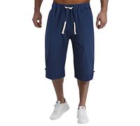 Generisch Pantalons d'été décontractés solides pour hommes shorts d'été en lin couleur coton coupe pantalons pour hommes, Marine, XXL