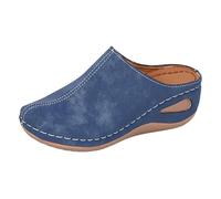 Generisch Pantoufles pour femme avec talon compensé, pantoufles élégantes fermées sur le devant, sandales à plateforme, sabots confortables en daim, pantoufles pour loisirs, bleu, 40 EU