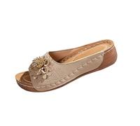 Generisch Pantoufles pour femme - Mules en cuir - Sandales orthopédiques - Sandales d'été - Bijoux floraux - Sandales élégantes à talon compensé - Chaussures d'été pour femme, beige, 36 EU