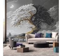 Generisch Papier Peint Arbre De Vie Chambre Salon Cuisine Intissé, Papier Peint Panoramique Fantastique Noir Blanc, Deco Murale Arbre De Vie, 130 x 80 cm