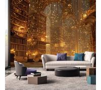 Generisch Papier Peint Bibliothèque Chambre Salon Cuisine Intissé, Papier Peint Panoramique Doré Fantastique Livre, Deco Murale Bibliothèque, 260 x 175 cm