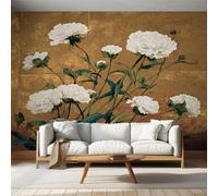 Generisch Papier Peint Japonais Chambre Salon Cuisine Intissé, Papier Peint Panoramique Vintage Fleur Doré Blanc, Deco Murale Japonais, 400 x 280 cm, SH0188