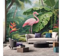 Generisch Papier Peint Panoramique Flamant Rose Chambre Salon Cuisine Intissé, Papier Peint Motif Tropical Jungle Feuille Oiseaux, Deco Murale Flamant Rose, 500 x 280 cm, NF5619