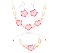 Generisch Parure de bijoux pour femme et fille - Coquillage et Plumeria (fleurs hawaïennes) avec collier, bracelet, boucles d'oreilles, chaîne de cheville et ras-du-cou | Bijoux d'été pour la plage et