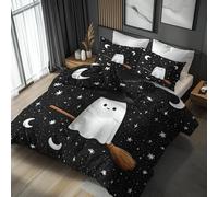 Generisch Parure De Lit Ghost Sorcière 220x240 Adulte Enfant, Housse De Couette Balai étoiles Lune 2 Person avec Fermeture éclair, 2 Taie d'oreiller, Linge De Lit 100% Microfibre LS136