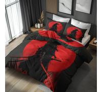 Generisch Parure De Lit Samouraï 220x240 Adulte Enfant, Housse De Couette Lune Japonais Chevalier 2 Person avec Fermeture éclair, 2 Taie d'oreiller, Linge De Lit 100% Microfibre