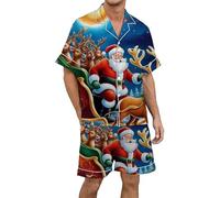 Generisch Peignoir bleu foncé pour homme - Ensemble pyjama de Noël pour homme en satin de soie imprimé multicolore à manches courtes et boutonnière - Pyjama court pour homme, rouge, 3XL