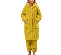 Generisch Peignoir de bain pour femme - Ensemble de pyjama chaud et moelleux à manches longues - Vêtement de nuit en peluche - Vêtement de nuit thermique avec poches, jaune, XL