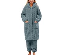 Generisch Peignoir de bain pour femme - Ensemble de pyjama chaud et moelleux à manches longues - Vêtement de nuit en peluche - Vêtement de nuit thermique avec poches, bleu, XL