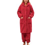 Generisch Peignoir de bain pour femme - Ensemble de pyjama chaud et moelleux à manches longues - Vêtement de nuit en peluche - Vêtement de nuit thermique avec poches, rouge, 3XL
