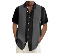 Generisch Peignoir de bain pour homme, chemises de bowling pour homme, années 1950, décontracté, manches courtes, chemise contrastée avec boutons, bloc de couleurs d'été, chemises cubaines, gris, S