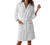 Generisch Peignoir pour femme avec manches 3/4 gaufrées, longueur genou, en tissu éponge, poncho de bain, kimono, spa, peignoir léger, pyjama, vêtement de plage, peignoir de voyage, peignoir de sauna