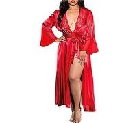 Generisch Peignoir sexy pour femme - Col en dentelle - Long pyjama transparent - Robe kimono - Robe de chambre longue - Cardigan - Nuisette - Chemise de nuit en satin - Ceinture, rouge, M