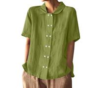 Generisch Perruque Femme Blouse Coton et Lin Modèle 2025 Couleur Unie Coupe Lâche Double boutonnage Col Revers Décontracté Manches Courtes Femme Tunique Grande Taille, vert, S