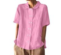 Generisch Perruque Femme Blouse Coton et Lin Modèle 2025 Couleur Unie Coupe Lâche Double boutonnage Col Revers Décontracté Manches Courtes Femme Tunique Grande Taille, Rose, XXL