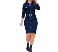 Generisch Petites robes pour femmes - Robe en jean tendance pour femme - Avec boutonnière décorative - Ceinture pour une coupe étroite - Design décontracté à manches longues - Robe de printemps pour