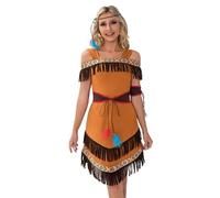 Generisch Pocahontas Costume d'indien pour femme - Costume de carnaval - En daim - Robe de fête - Plumes - Chapeau, bracelets et ceinture - 4 pièces - Pour carnaval, cosplay, fête à thème