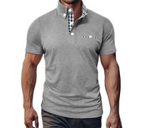 Generisch Polo à manches courtes pour homme - À carreaux - Avec poche poitrine - Boutonnière - Polo d'été - Couleur unie, Polo gris pour homme, M