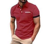 Generisch Polo à manches courtes pour homme - Couleur contrastée - Avec poche poitrine - Boutonnière - Pour l'été - Pour l'extérieur, Polo rouge pour homme, 3XL
