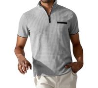 Generisch Polo à manches courtes pour homme - Motif gaufré - Avec fermeture éclair 1/4 - Polo d'été uni, Polo gris pour homme, S