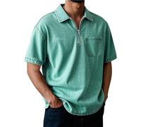 Generisch Polo à manches courtes pour homme - Style rétro - Fermeture éclair - Poches - Couleur unie - Style cowboy, Polo vert pour homme, S