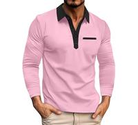 Generisch Polo à manches longues pour homme - Contraste - Blocage des couleurs - Sweat-shirt sans capuche - Poches - Boutons - Polo, Polo rose pour homme, M