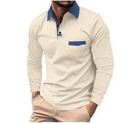Generisch Polo à manches longues pour homme - Couleur unie - Polo à manches longues - Poches - Boutons - Chemises tendance, Polo beige pour homme, M