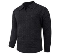 Generisch Polo à manches longues pour homme en tricot torsadé - Pull en tricot fin avec col rabattu - Haut classique et élégant pour un look soigné, Style_h02 noir, 3XL