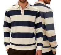 Generisch Polo à manches longues pour homme style rugby rayé - Pull en tricot rayé avec col | Haut classique pour un look sportif et élégant, Style_g03 bleu marine, XL