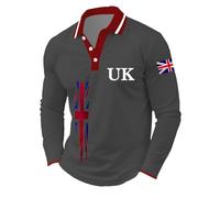 Generisch Polo Homme Drapeau UK Jack Imprimé Décontracté Affaires Raglan Manches Longues Bouton Imprimé Fête Festive Top, gris foncé, 3XL