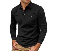 Generisch Polo pour homme - Pull à manches longues avec col polo et boutons - Pull d'hiver uni en maille gaufrée - Pull basique, Noir , M