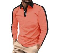 Generisch Polo T-shirts pour hommes à manches longues contrasté blocage des couleurs Sweat-shirt sans capuche avec boutons T-shirt polo décontracté, Polo rose pour homme, 3XL