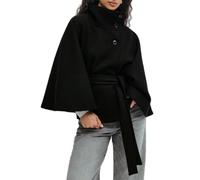 Generisch Poncho à manches chauve-souris pour femme - Grande cape tendance et décontractée avec col montant et ceinture, Noir , L