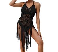 Generisch Poncho de plage léger pour femmes vacances à la plage sexy dos nu crochet à la main lanières pompon creux haut de bikini maillots de bain pour femmes grandes tailles, Noir , M