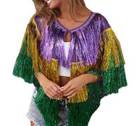 Generisch Poncho métallique pour femme - Pull Sparkly à franges - Veste à franges - Festival - Carnaval - Cape de performance - Costume élégant de fête à pompon - Vêtement d'extérieur - Costume disco
