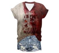 Generisch Problem Gelöst T-shirt d'Halloween pour femme Col en V Manches courtes T-shirt sanglant Horreur Blood Tops avec imprimé sanglant Costume d'Halloween Haut, Marron #3, M