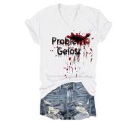 Generisch Problem Gelöst T-shirt d'Halloween pour femme Col en V Manches courtes T-shirt sanglant Horreur Blood Tops avec imprimé sanglant Costume d'Halloween Haut, Blanc #2., XXL