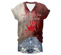 Generisch Problem Gelöst T-shirt d'Halloween pour femme Col en V Manches courtes T-shirt sanglant Horreur Blood Tops avec imprimé sanglant Costume d'Halloween Haut, Kaki #3., 4XL