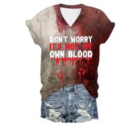 Generisch Problem Gelöst T-shirt d'Halloween pour femme Col en V Manches courtes T-shirt sanglant Horreur Blood Tops avec imprimé sanglant Costume d'Halloween Haut, Blanc #3., 3XL