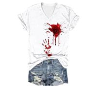 Generisch Problème Résolu Halloween T-shirt Femme Décontracté Col Rond Manches Courtes Motif Éclaboussures de sang Haut Chemise Horreur Halloween Imprimé Décontracté T-shirt de sport, 2 - Blanc., S