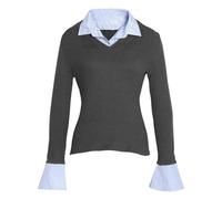 Generisch Pull 2 en 1 pour femme avec empiècement de chemise - T-shirt à manches longues moulant avec col en V - Haut élégant pour un look décontracté et professionnel, M