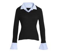 Generisch Pull 2 en 1 pour femme avec empiècement de chemise - T-shirt à manches longues moulant avec col en V - Haut élégant pour un look décontracté et professionnel, L