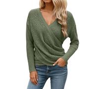 Generisch Pull à col en V profond pour femme - Aspect portefeuille - Manches longues - Crossover - Tricot fin - Haut enveloppant - Pull ample - Haut en tricot, O Armée Vert, XL
