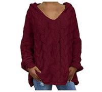 Generisch Pull à franges pour femmes col en V manches chauve-souris lâche surdimensionné épais pull à capuche pull cardigan noir court, Bordeaux, XL