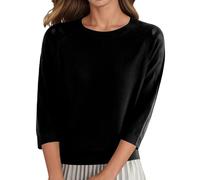 Generisch Pull à manches 3/4 pour femme en maille fine - T-shirt basique léger avec col rond - Haut élégant pour le bureau et la vie quotidienne, Style_e02 Noir, XL