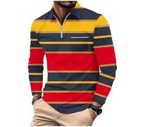 Generisch Pull à manches longues pour homme - Polo à manches longues - Avec design patchwork - Col à revers - Rayé - Pour les activités de vacances, rouge, S