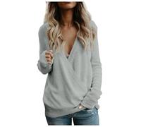 Generisch Pull automne femme 2024 col en V profond pull portefeuille manches longues avant ample pull tricoté hiver tops, gris, XL